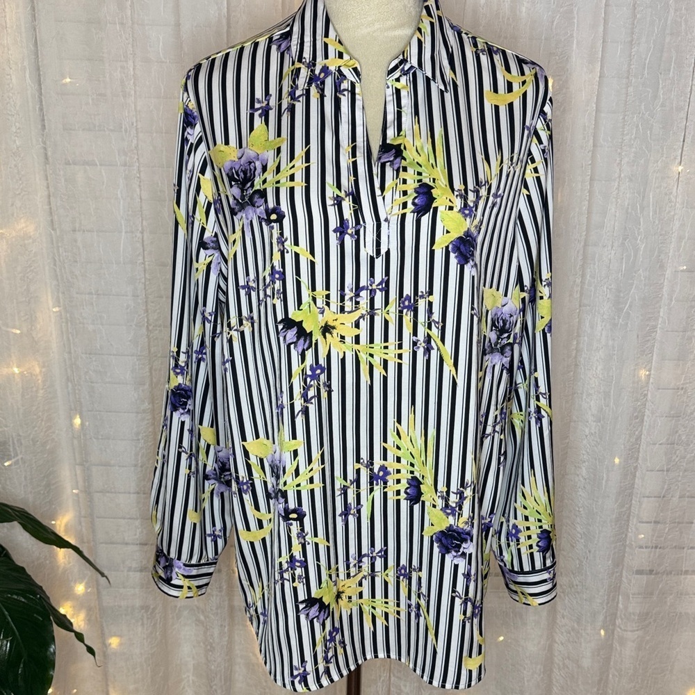Chico's Black and White Striped Blouse with Purple and Yellow Floral Design
